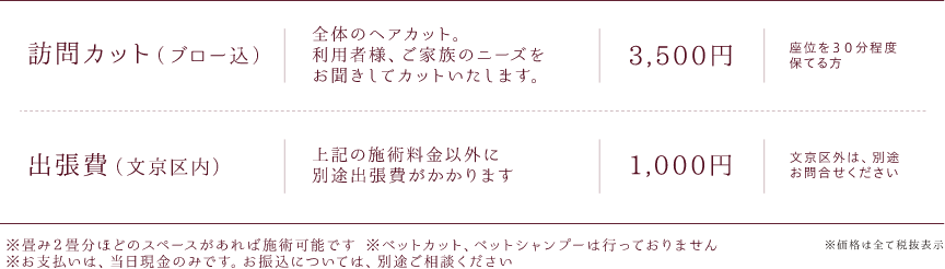 訪問カット/シャンプー/ドライヘッドスパ/出張費